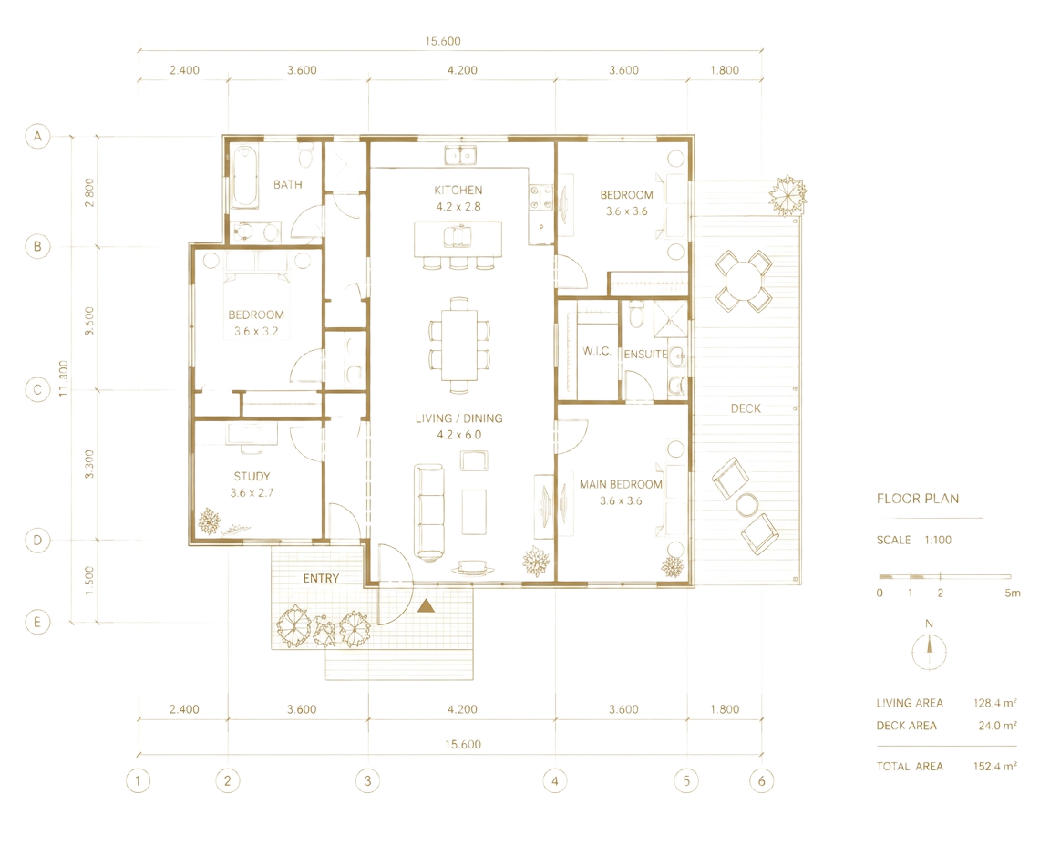 Architectural floor plan with brass dimension lines and room labels